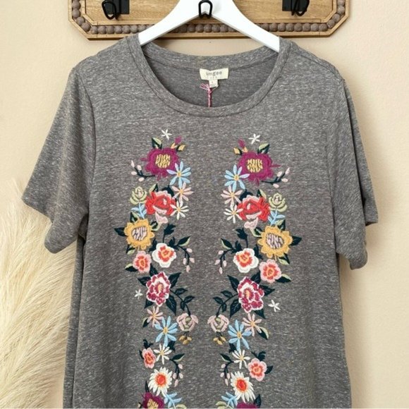 New Embroidered Tee Shirt Dress Midi Length Pockets Gray Floral - Picture 6 of 6